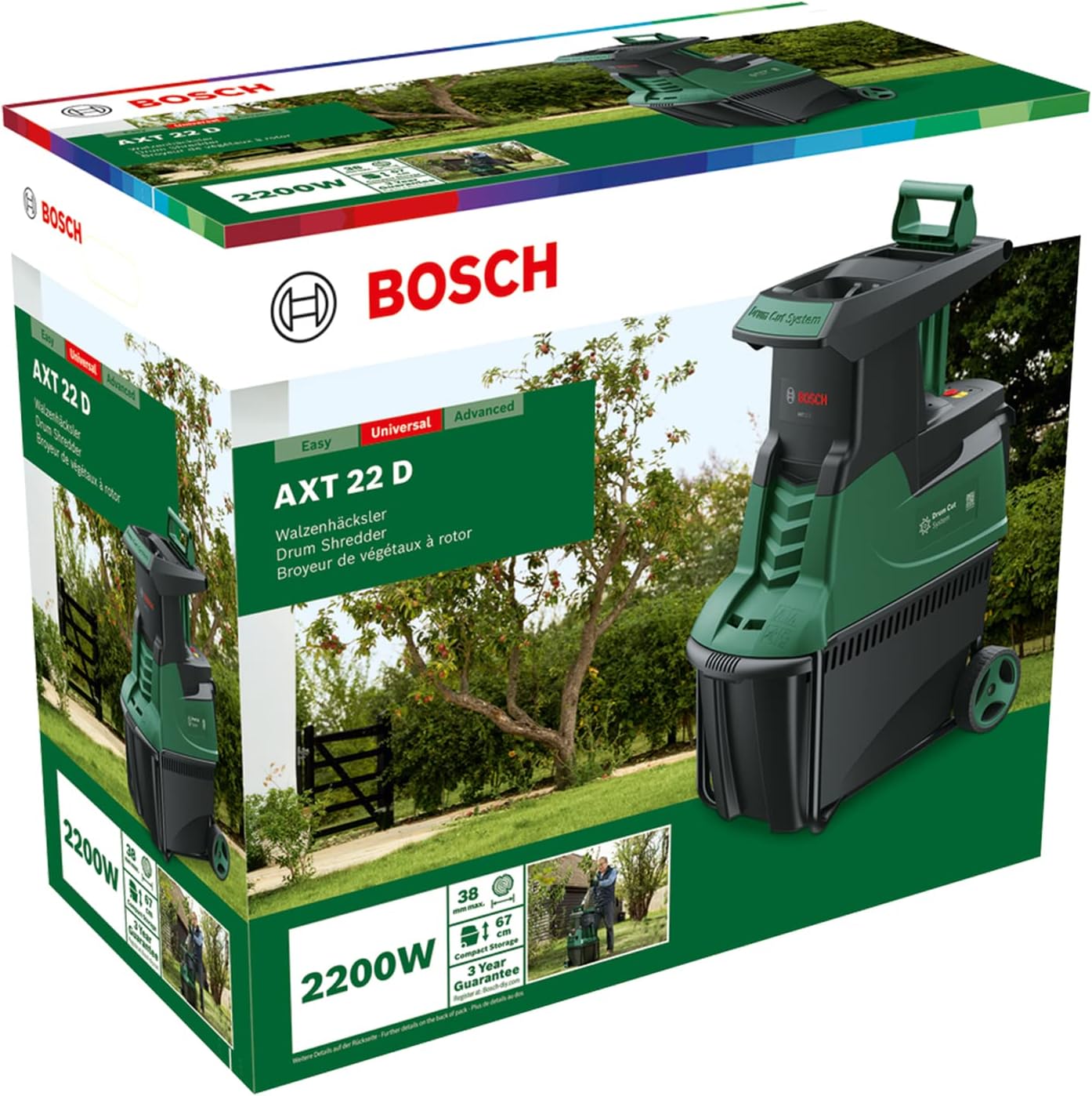 Bosch Home and Garden Biotrituratore silenzioso AXT 22 D (2200 W; idoneo per legno, siepi e arbusti spinosi; cesto di raccolta integrato da 53 l; in confezione cartone)