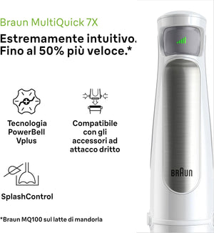Braun MultiQuick7 MQ7035I, 5 ANNI DI ASSISTENZA, Potenza 1000W, Frullatore a immersione, Tecnologia Splash Control, Frusta a Filo in Acciaio, Tritatutto da 500ml, Bicchiere senza BPA 600ml, Bianco