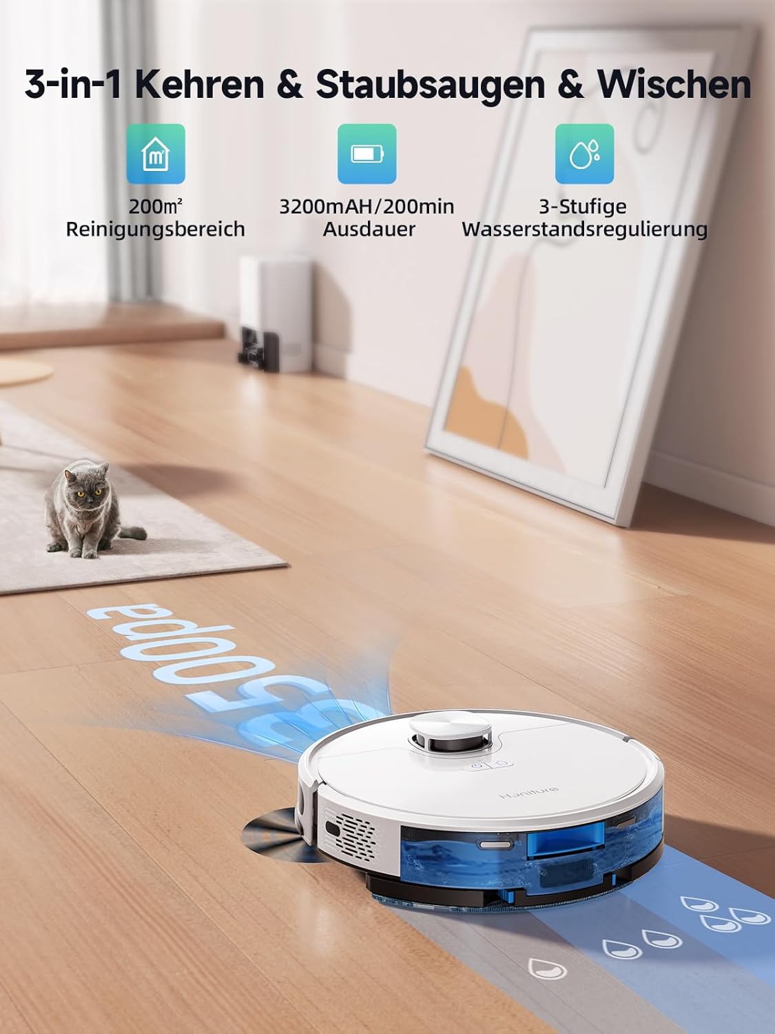 HONITURE Robot aspirapolvere Q6 SE, robot aspirapolvere 3500Pa con schede memorizzate, ideale per peli di animali, tappeti e pavimenti duri, durata 200 minuti (con stazione di aspirazione da 2,5 l)