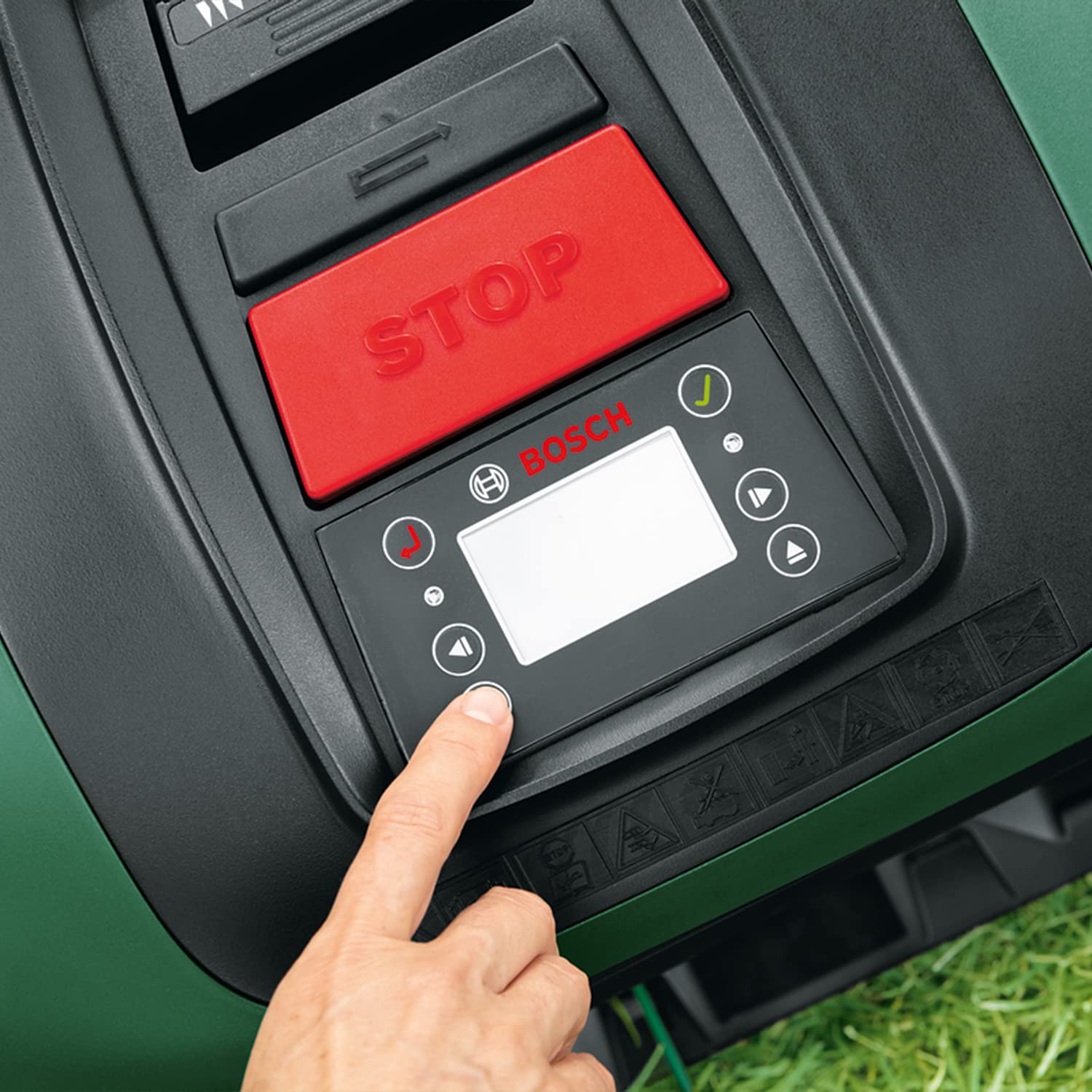 Bosch Home and Garden Indego S+ 500 robot lawnmower (with 18V battery and app function, charging station included, cutting width 19 cm, for lawns up to 500 m², in box), black, green