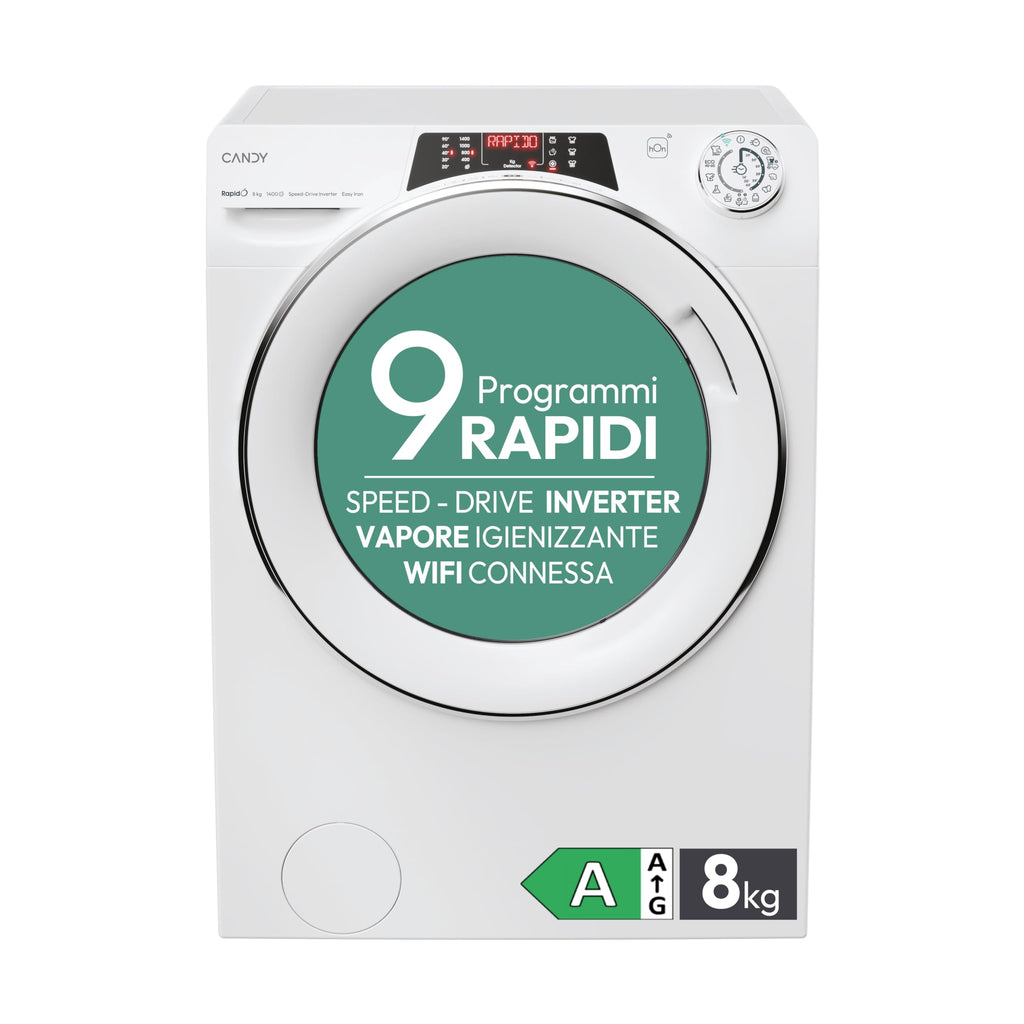 Candy RapidÓ RO 1486DWMCT1-S, Lavatrice a carica frontale, 8 KG, Classe A, 1400 giri, 76 dB, Cicli Rapidi, Vapore, 16 programmi, Bianco, AxLxP 85x60x53 cm
