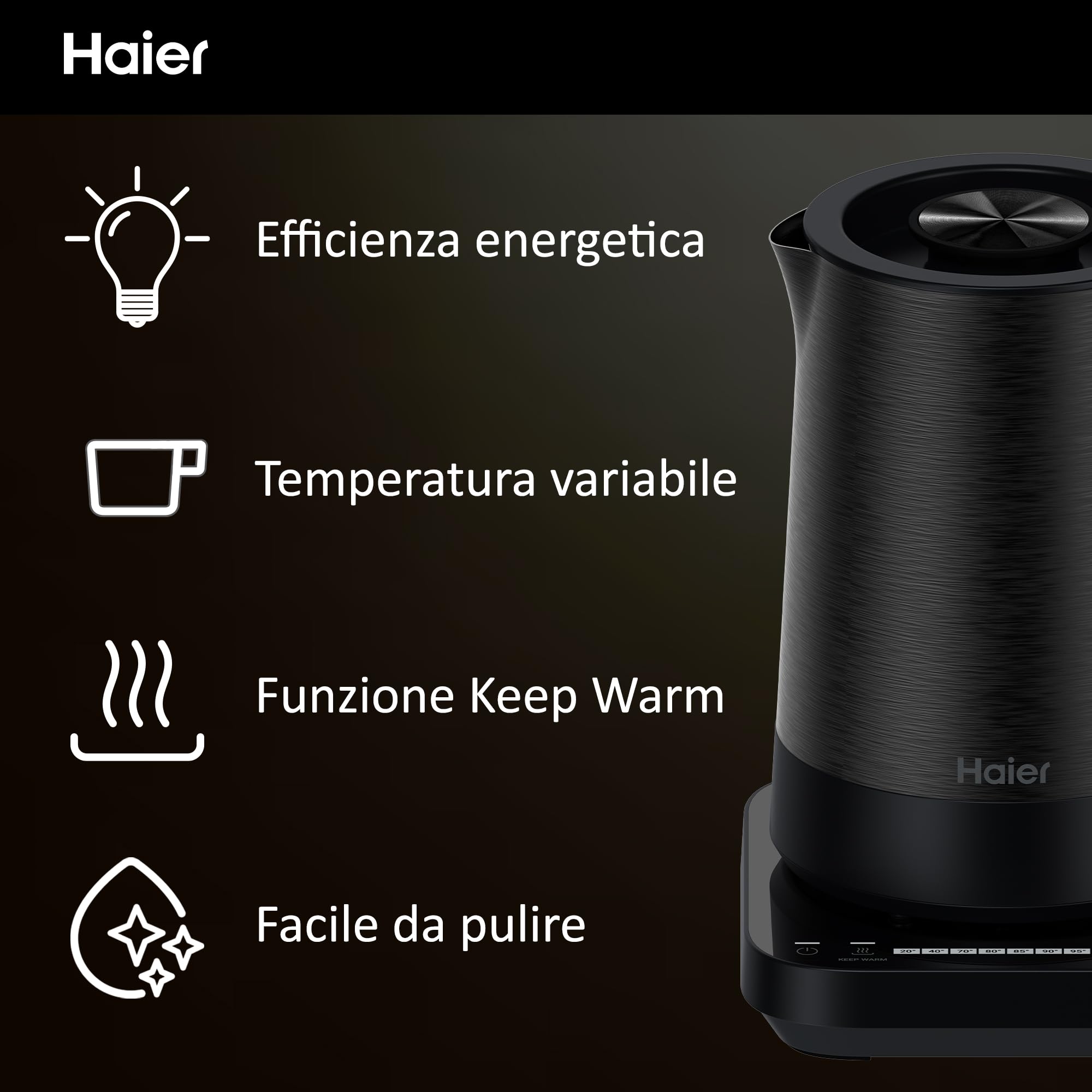 Haier Bollitore I-Master Serie 5, Acciaio inox, Capacità 1,7 L, 7 livelli di temperatura 40-100, Funzione Keep Warm, Bollitura per tazza singola, 2000 W [Nero]