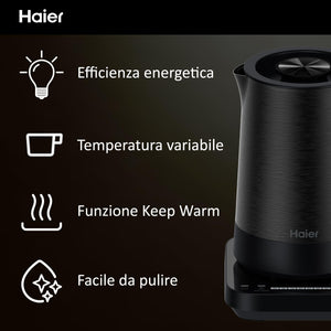 Haier Bollitore I-Master Serie 5, Acciaio inox, Capacità 1,7 L, 7 livelli di temperatura 40-100, Funzione Keep Warm, Bollitura per tazza singola, 2000 W [Nero]