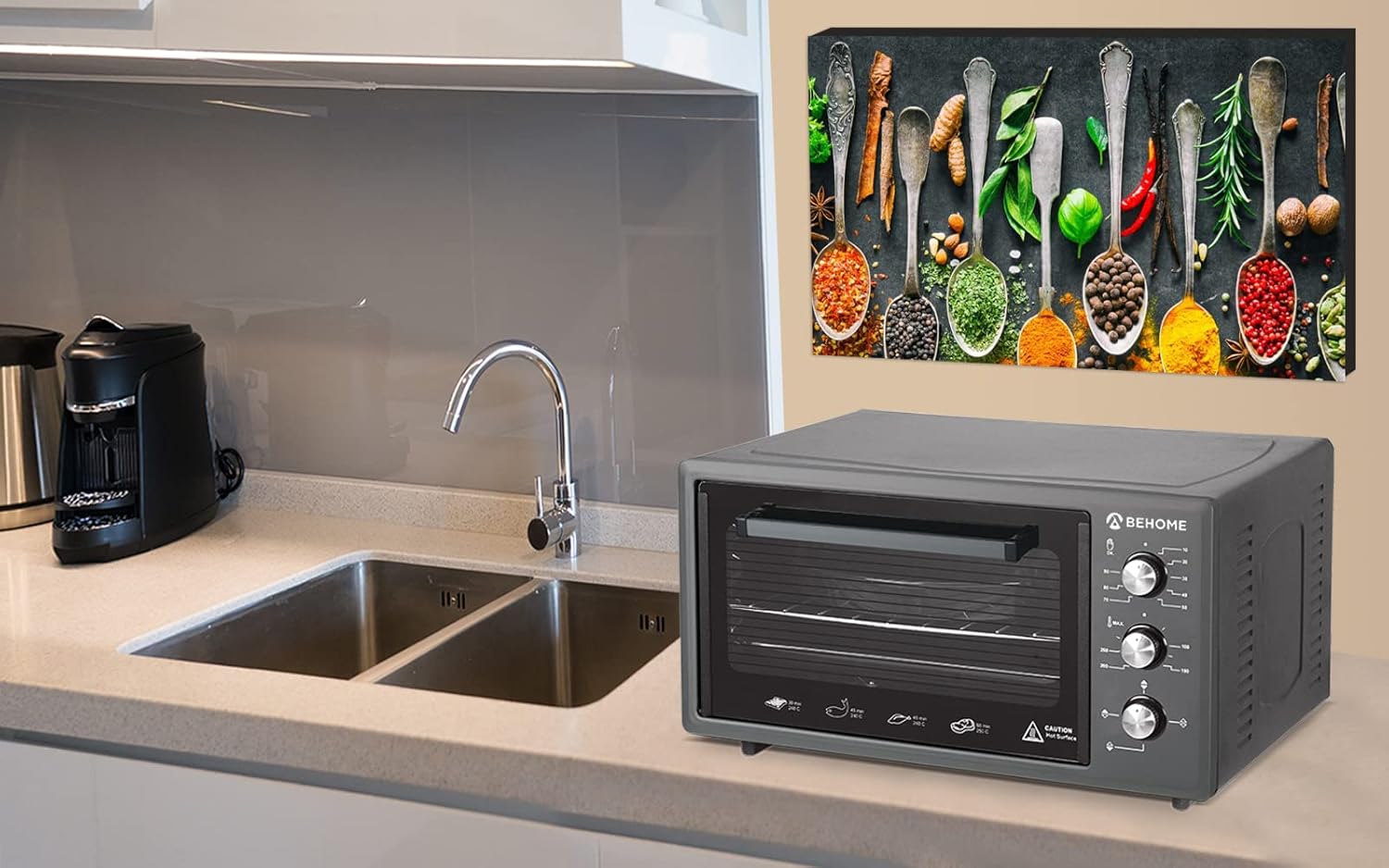 BEHOME Forno Elettrico Ventilato 48 litri con Girarrosto, Autopulente e Smaltato, Temperatura fino a 320° Doppio Vetro con Luce Interna e Timer 2 Teglie e 1 Griglia (Grigio)