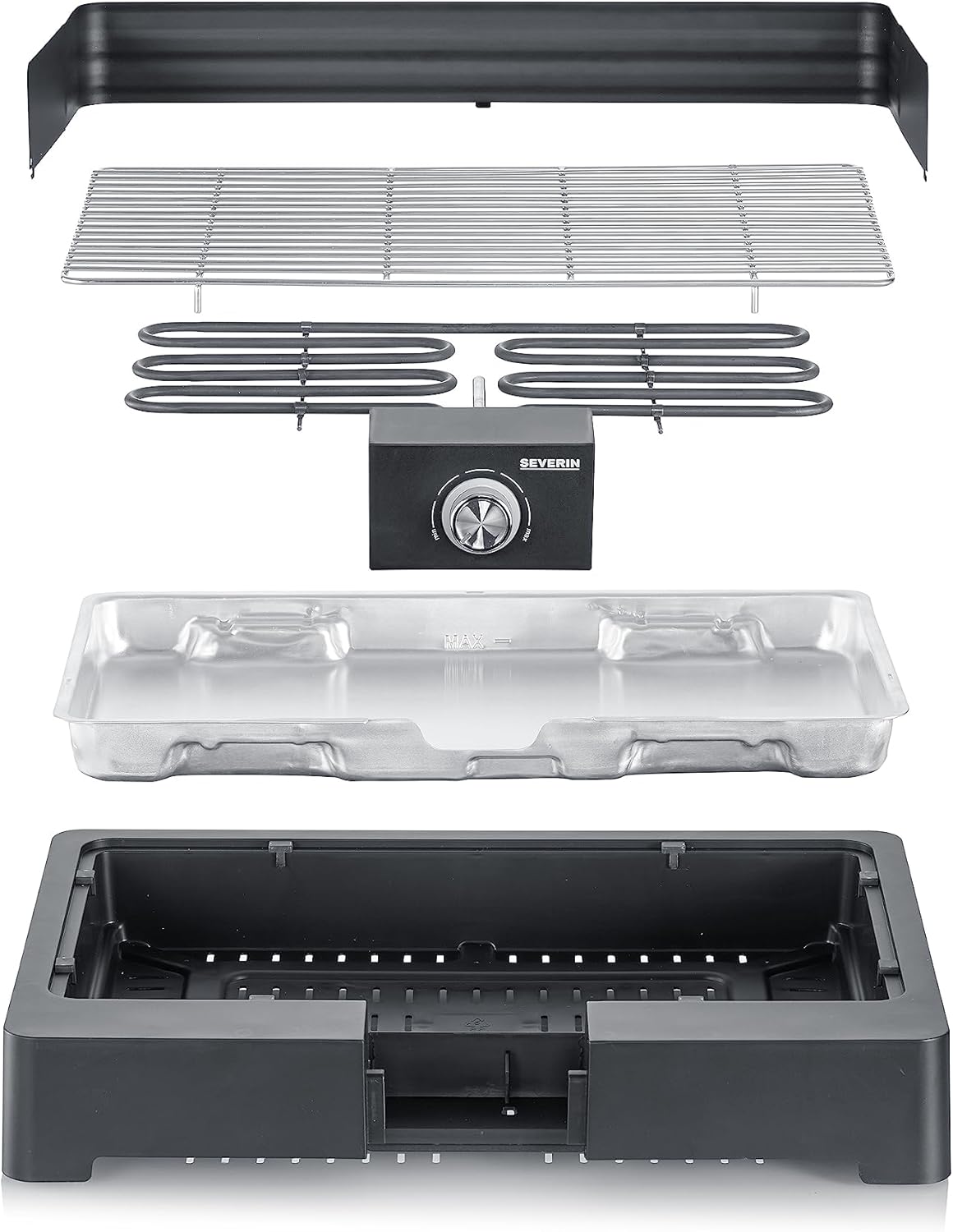 SEVERIN PG 8565 Barbecue elettrico 2200 W in acciaio inox regolabile fino a 250°, Grill elettrico per interni ed esterni con LED, Griglia da tavolo o balcone, fumo e odori ridotti, Nero