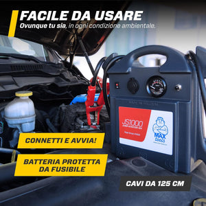 MAXTOOLS JS1000 Avviatore Emergenza Portatile Professionale 1380 A 12 V 22 Ah con 4140 A di Spunto, Jump Starter, Booster, Avviatore Auto con Batteria Piombo AGM e Pinze con Luce LED