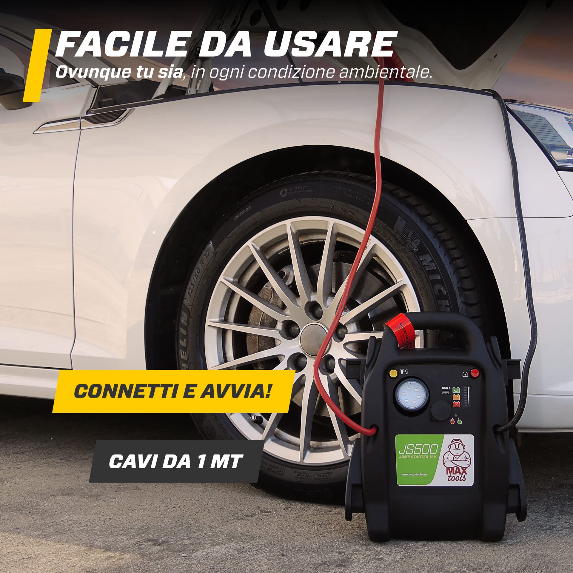 MAXTOOLS JSL400 Avviamento d’Emergenza Professionale per Automobile 2400 A per Veicoli Diesel e a Benzina di Grandi Dimensioni, Potente e Sicuro a 12 V, Batteria al Litio Esterna con USB