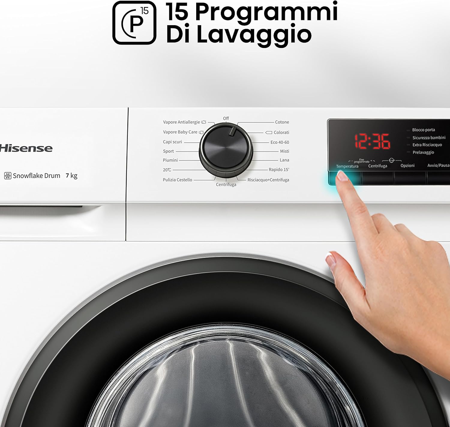Hisense WFVB7012EM - Lavatrice a Carica Frontale 7 Kg, 1200 rpm, 15 Programmi, Vapore, Display LED, Programma Rrapido, Partenza Ritardata, Child Lock