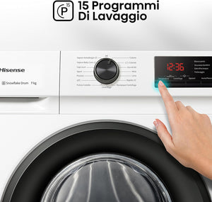 Hisense WFVB7012EM - Lavatrice a Carica Frontale 7 Kg, 1200 rpm, 15 Programmi, Vapore, Display LED, Programma Rrapido, Partenza Ritardata, Child Lock