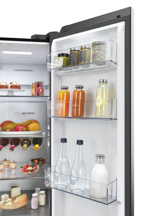 Haier Side by Side 90 SERIE 5 Frigorifero Frigorifero/Total No Frost/Smart HON-App/Humidity Zone/XXL Contenuto utile/Silenzioso solo 36 dB (A) / Distributore di acqua e cubetti di ghiaccio / Acciaio inossidabile nero