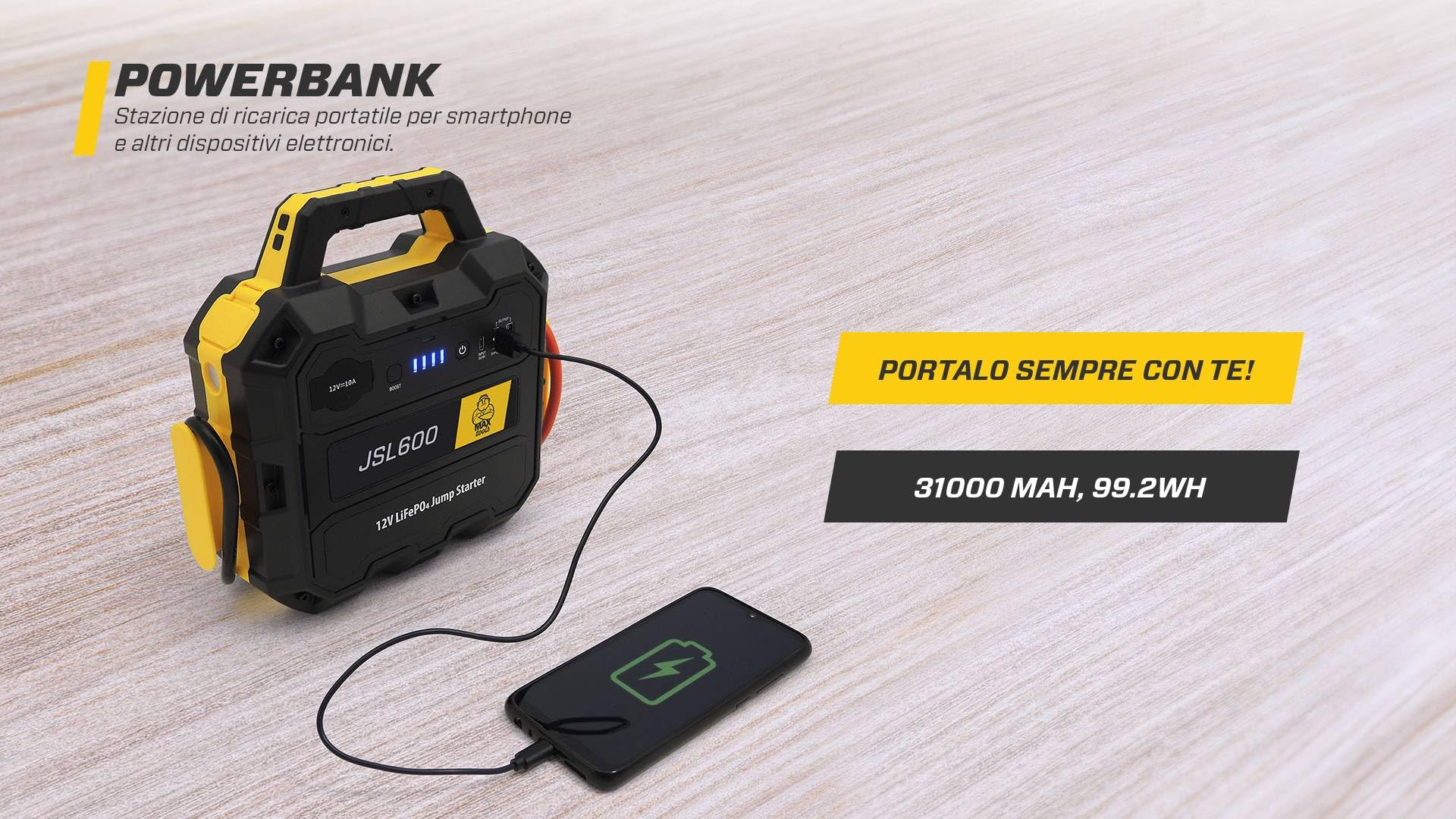 MAXTOOLS JSL400 Avviamento d’Emergenza Professionale per Automobile 2400 A per Veicoli Diesel e a Benzina di Grandi Dimensioni, Potente e Sicuro a 12 V, Batteria al Litio Esterna con USB