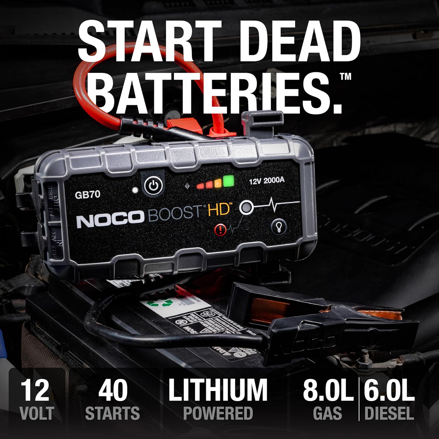 NOCO Boost GB70: Avviatore di Emergenza al Litio UltraSafe da 2000A 12V per Veicoli con Motori a Benzina fino a 8,0 Litri e Diesel fino a 6,0 Litri