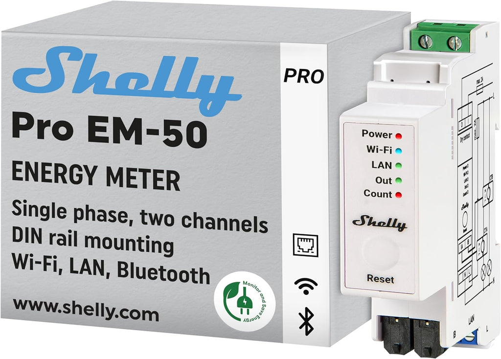Shelly Pro EM 50A, Contatore di energia Wi-Fi e Bluetooth con comando a Contattori Con Misurazione Dei Consumi, Domotica, Compatibile Con Alexa e Google Home, Nessun Hub Richiesto