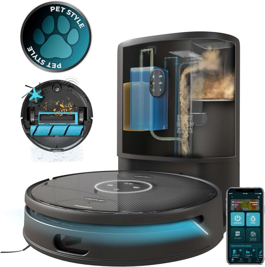 Cecotec Robot aspirador de pó e esfregona Conga 14090 Twice Roller Home and Fill, base de auto-esvaziamento de pó e água, navegação a laser, 8000 Pa, esfrega, aplicativo e conexão Bluetooth e WiFi 2,4