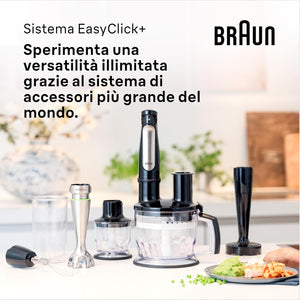 Braun MultiQuick7 MQ7035X 5 ANNI DI ASSISTENZA, Minipimer Frullatore Immersione, Dotazione Frusta a Filo, Tritatutto da 500ml, Bicchiere Graduato da 600ml, 1000W, Tecnologia Tedesca, Nero