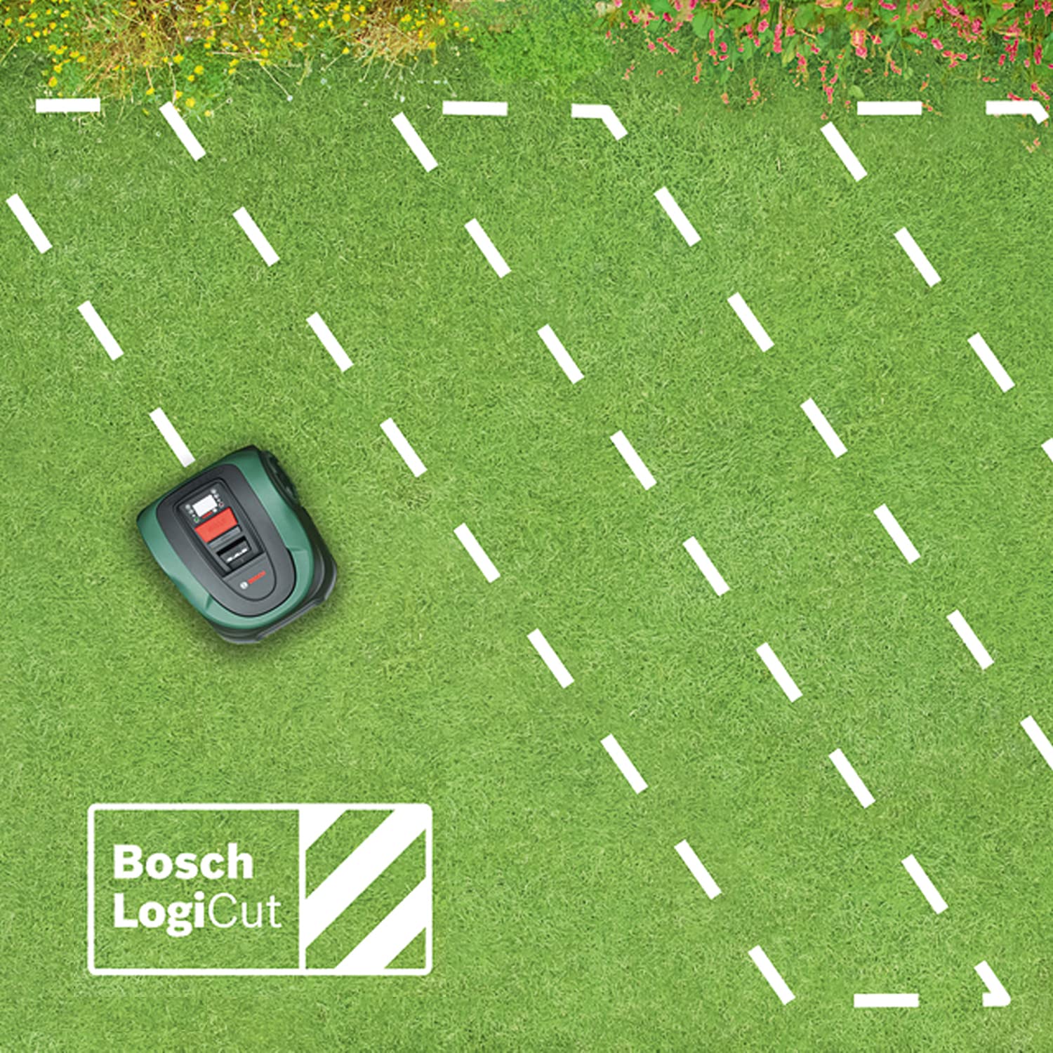Bosch Home and Garden Indego S+ 500 robot lawnmower (with 18V battery and app function, charging station included, cutting width 19 cm, for lawns up to 500 m², in box), black, green
