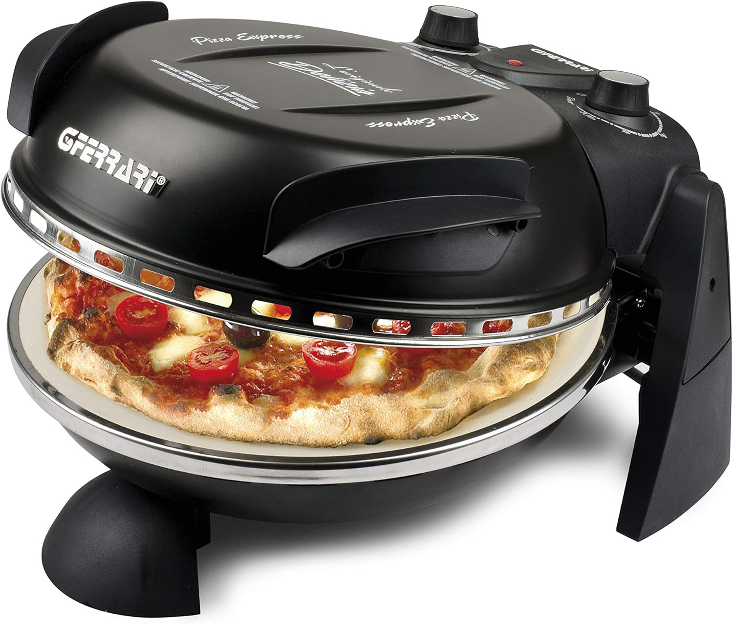 G3 Ferrari G1000610 Pizza Express Delizia, Forno Pizza, 1200 W, Termostato regolabile 400°C, Pizza fragrante in 5 minuti, Doppia resistenza riscaldante, Ricettario e Palette inclusi Nero