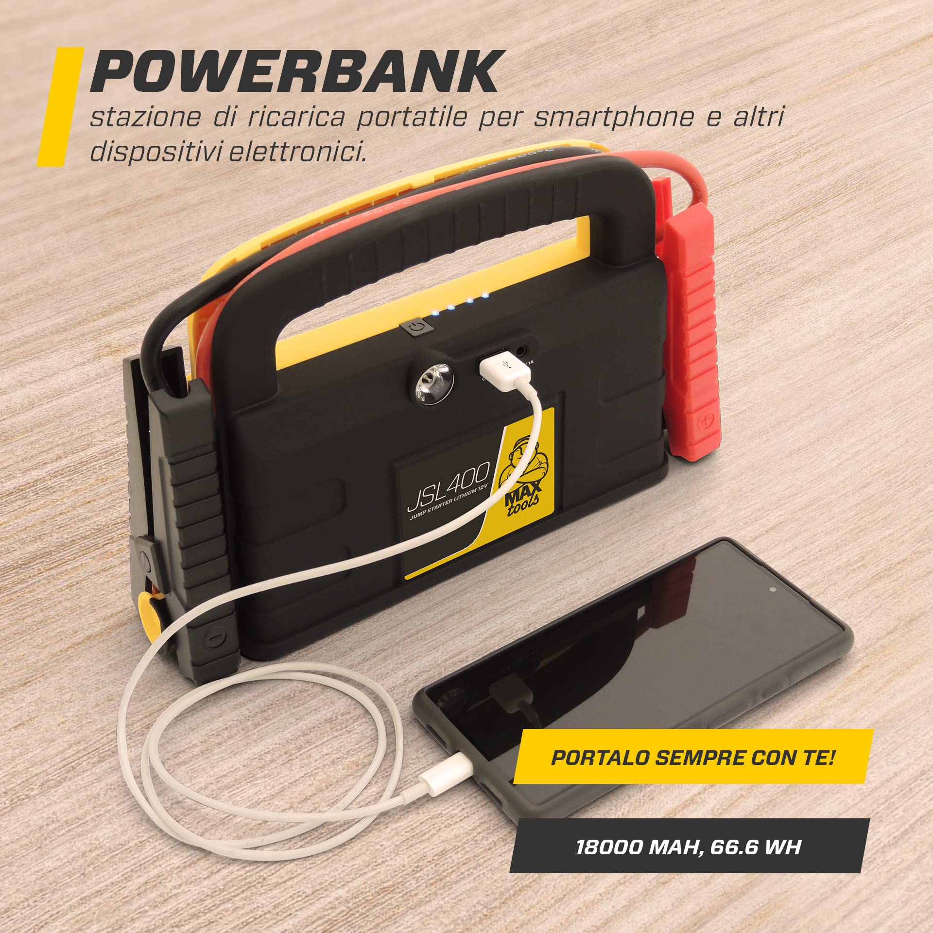 MAXTOOLS JSL400 Avviamento d’Emergenza Professionale per Automobile 2400 A per Veicoli Diesel e a Benzina di Grandi Dimensioni, Potente e Sicuro a 12 V, Batteria al Litio Esterna con USB