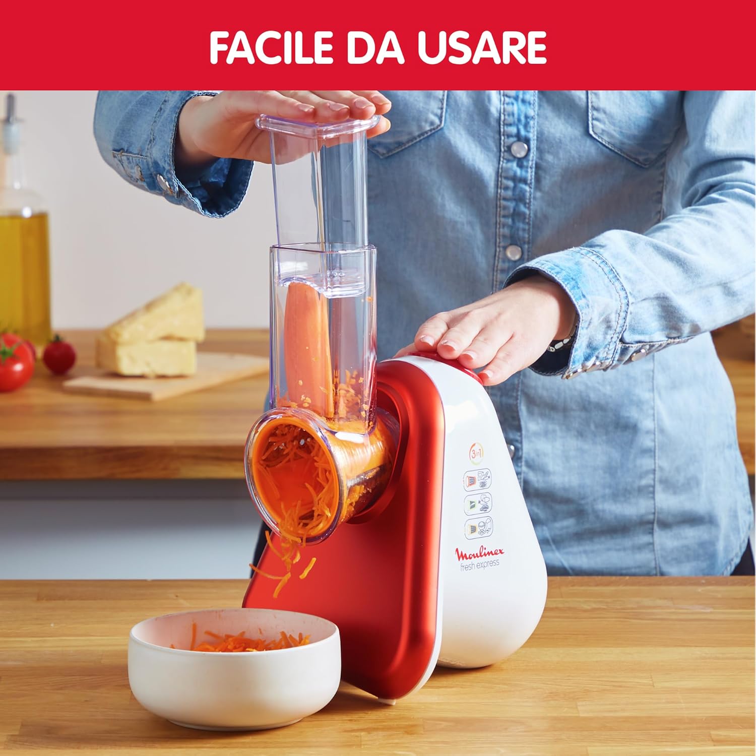 Moulinex DJ755G10 Fresh Express Plus Affettatutto Grattugia Elettrico, 5 Funzioni di Taglio, 200 W, 1 L, 1 Decibel, Plastica, Rosso