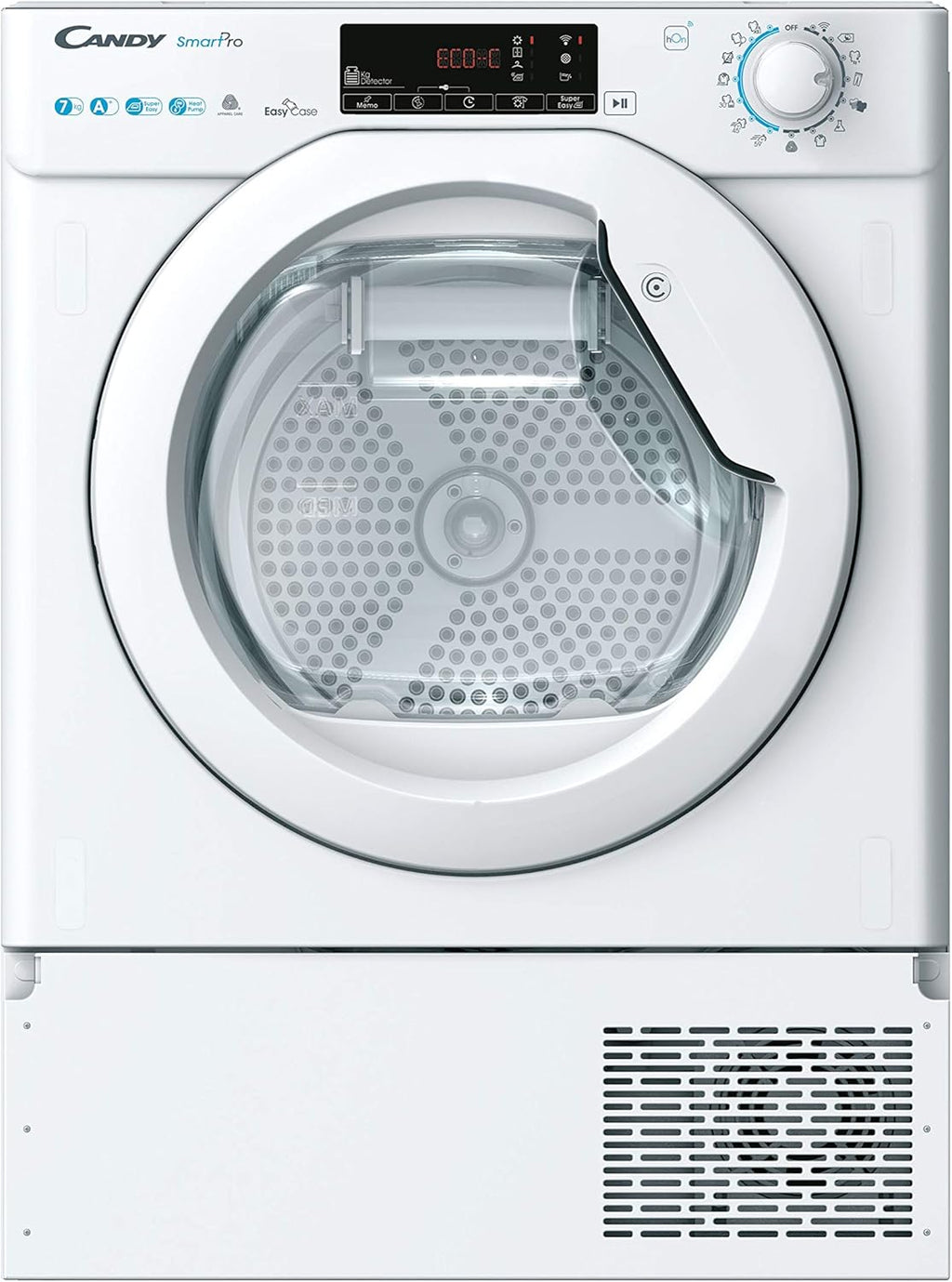 Candy Smart Pro Asciugatrice 7 Kg da Incasso, Pompa di Calore, Classe A+, Wi-Fi e BLE, Controllo da Remoto, Avvio Programmabile, Programma Stiro Facile, 60 x 46,5 x 85 cm, Bianca - BCTD H7A1TE-S