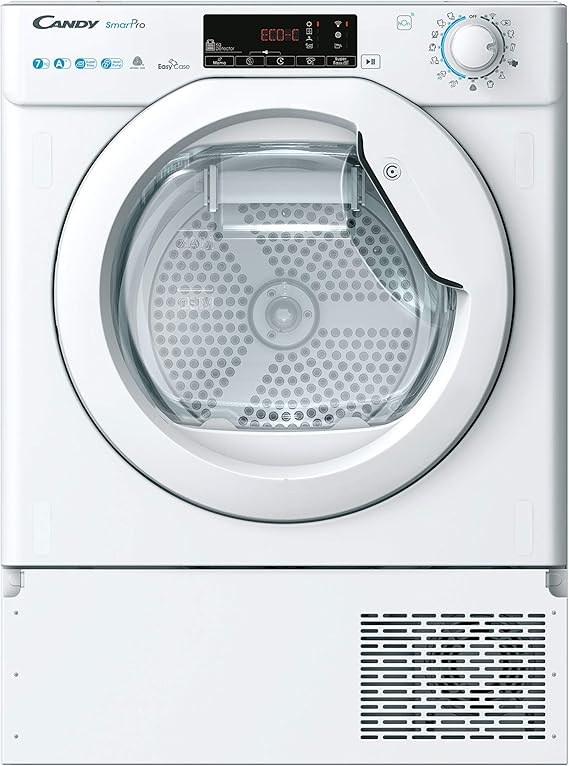Candy Smart Pro Asciugatrice 7 Kg da Incasso, Pompa di Calore, Classe A+, Wi-Fi e BLE, Controllo da Remoto, Avvio Programmabile, Programma Stiro Facile, 60 x 46,5 x 85 cm, Bianca - BCTD H7A1TE-S