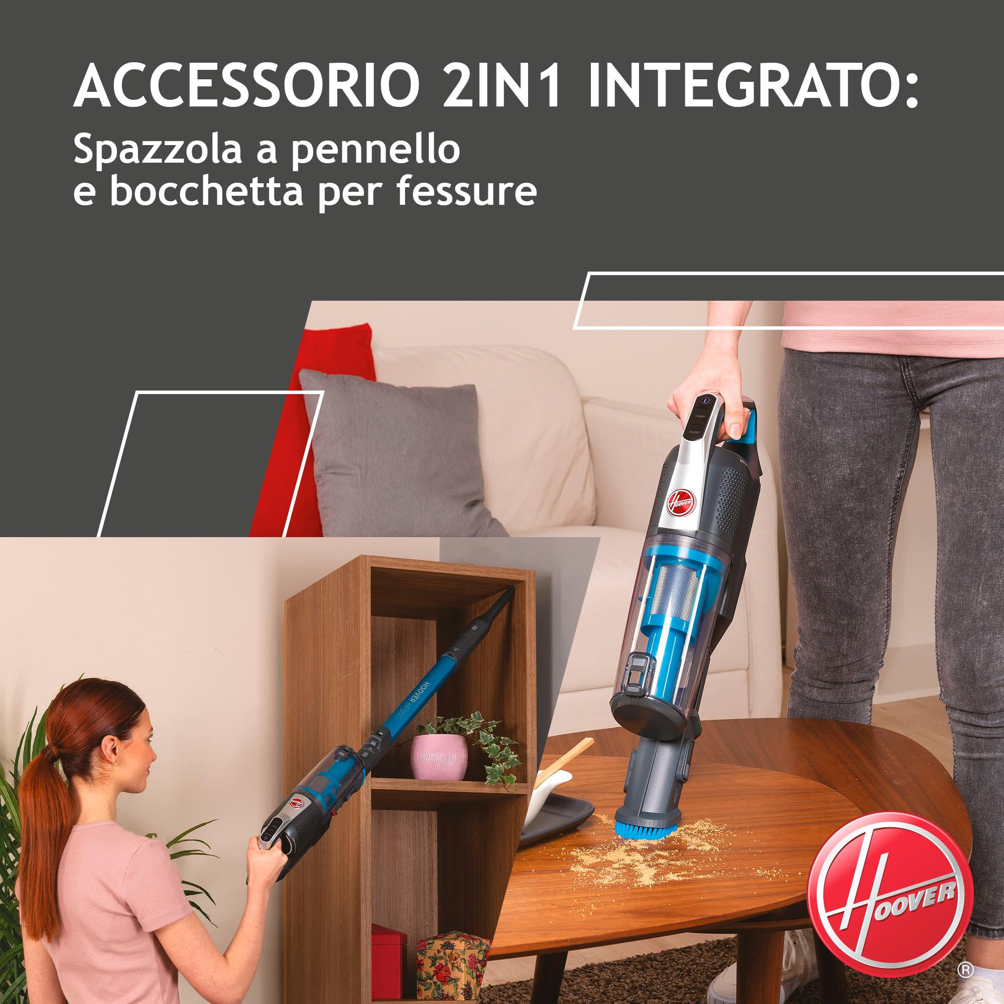 Hoover HF500 HF522STP 011 Aspirapolvere Senza Filo, Senza Sacco, 0,45 L, Autonomia 45 Min, Spazzola Antigroviglio, Mini Turbo Spazzola Animali, Blu