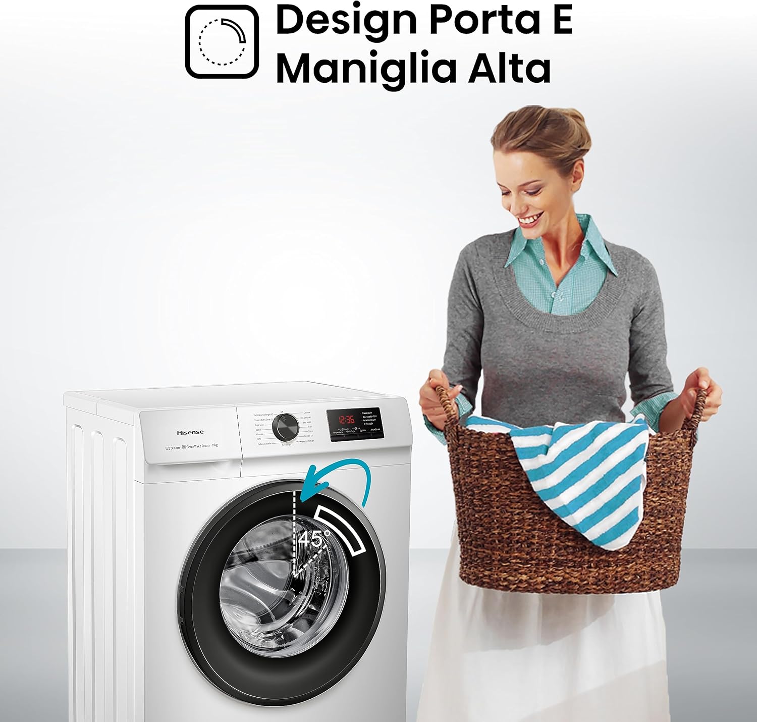 Hisense WFVB7012EM - Lavatrice a Carica Frontale 7 Kg, 1200 rpm, 15 Programmi, Vapore, Display LED, Programma Rrapido, Partenza Ritardata, Child Lock