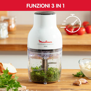 Moulinex DJ5201 Moulinette Essential, 4 Lame Affilate, Trita, Mescola e Sminuzza, Tritatutto, Capacità Recipiente 400 ml, 300 W, Bianco