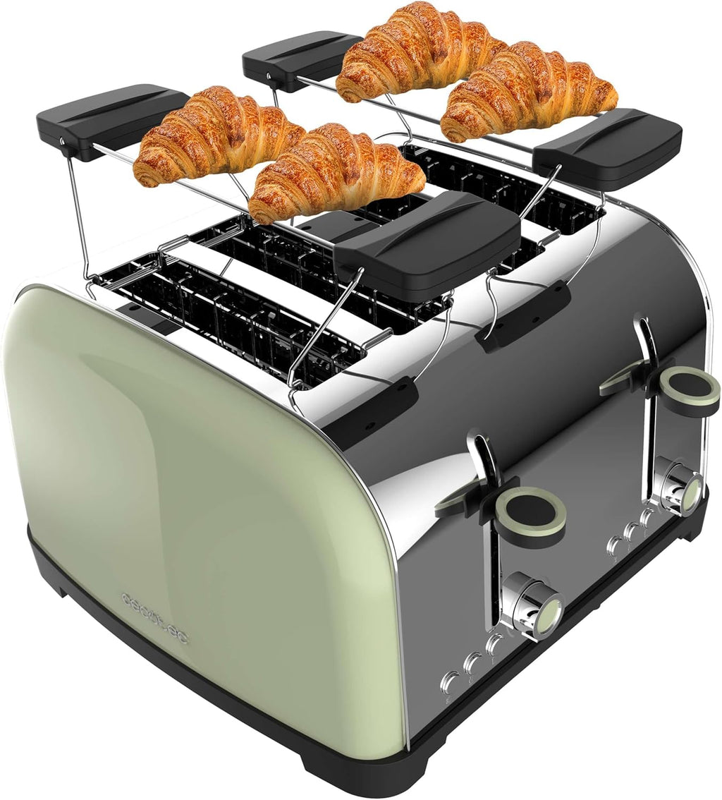 Cecotec Tostapane verticale Toastin' time 1700 Double Green, 1700W, Doppia fessura corta e larga 3,8 cm, Barre superiori, Acciaio Inoss, Spegnimento e Pop-up Automatico, Raccogli-briciole
