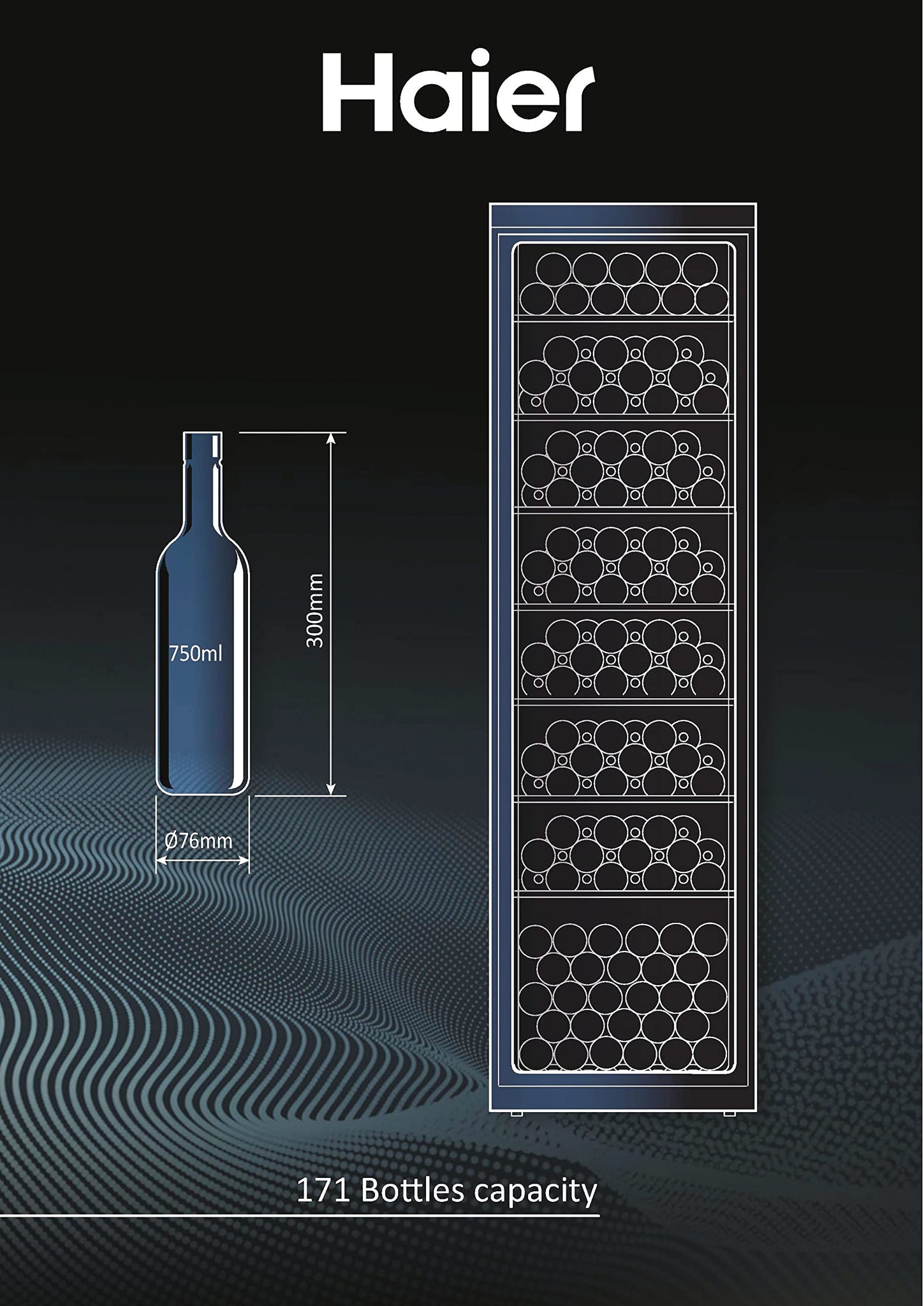 Haier Wine Bank 60 Serie 3 Cantinetta Vino, 171 Bottiglie, 1 Zona, con Vetro Anti-UV e Filtro ai Carboni Attivi, Luci LED, Libera Installazione, Classe G, 59,5 x 63,9 x 185 cm, Nera - WS171GA