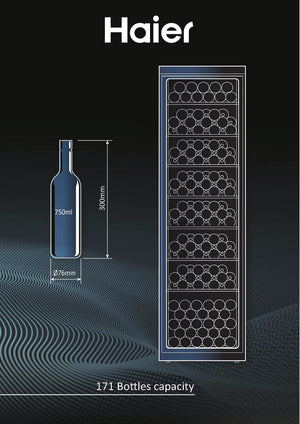 Haier Wine Bank 60 Serie 3 Cantinetta Vino, 171 Bottiglie, 1 Zona, con Vetro Anti-UV e Filtro ai Carboni Attivi, Luci LED, Libera Installazione, Classe G, 59,5 x 63,9 x 185 cm, Nera - WS171GA