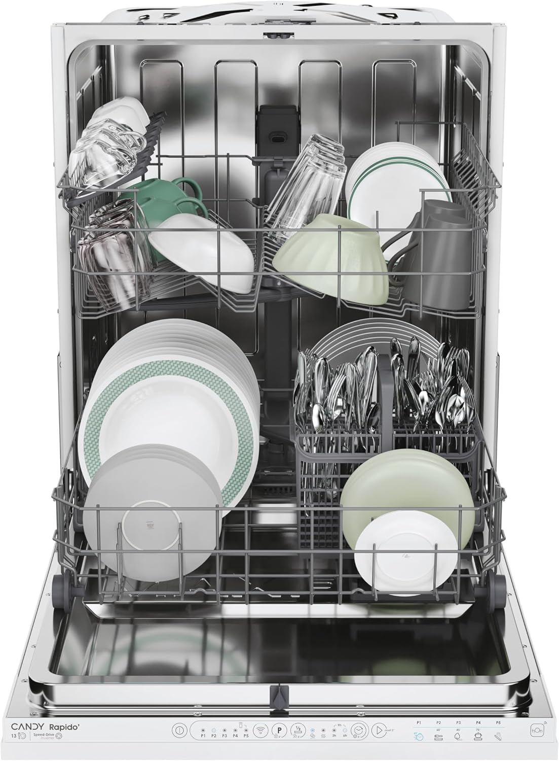 Candy Rapidò CI 3E7L0W, Lavastoviglie Integrabile 60 CM, 13 Servizi, Wi-Fi, 5 programmi, speciale 49', mezza carica, indicatore tempo e sale, 43DB, altezza cestello superiore regolabile, colore bianco