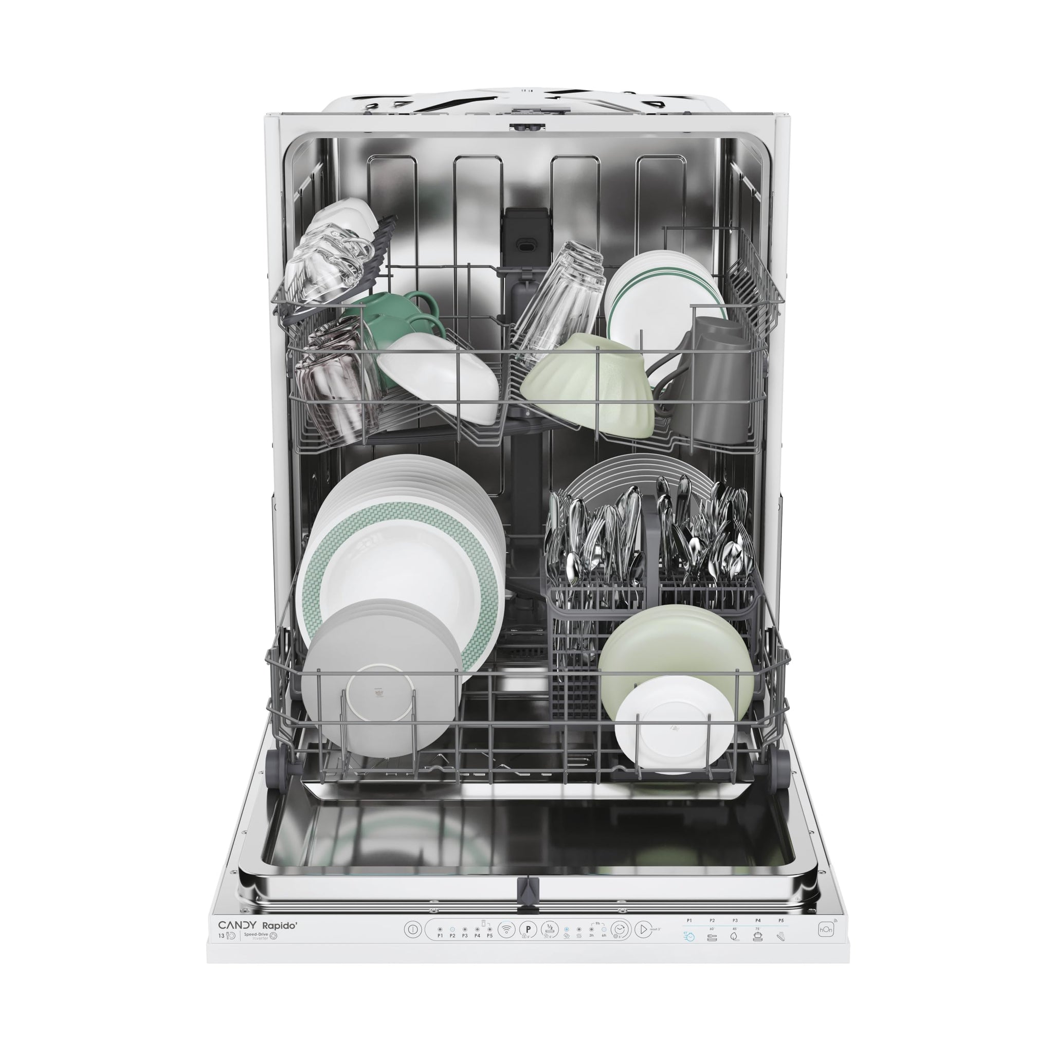 Candy Rapidò CI 3E7L0W, Lavastoviglie Integrabile 60 CM, 13 Servizi, Wi-Fi, 5 programmi, speciale 49', mezza carica, indicatore tempo e sale, 43DB, altezza cestello superiore regolabile, colore bianco