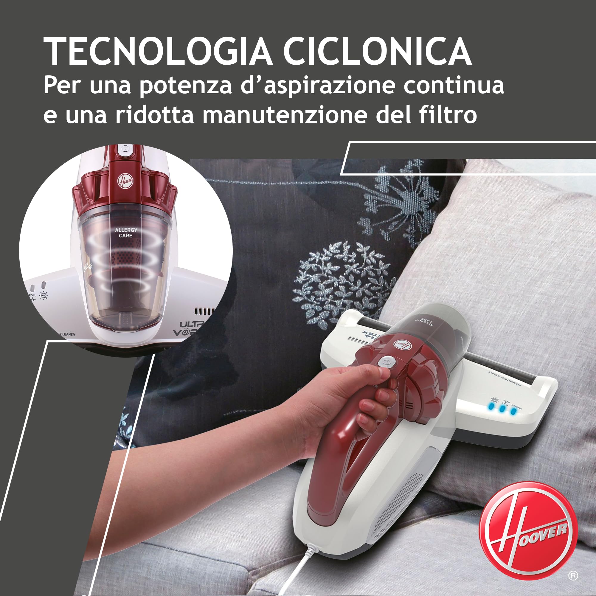 Hoover Ultra Vortex MBC500UV 011 Battimaterasso con Luce UV-C, 500W, 0,3 L, Antiacaro, Antibatterica, Rimuove Allergeni e Polvere, 3 Programmi, Rosso
