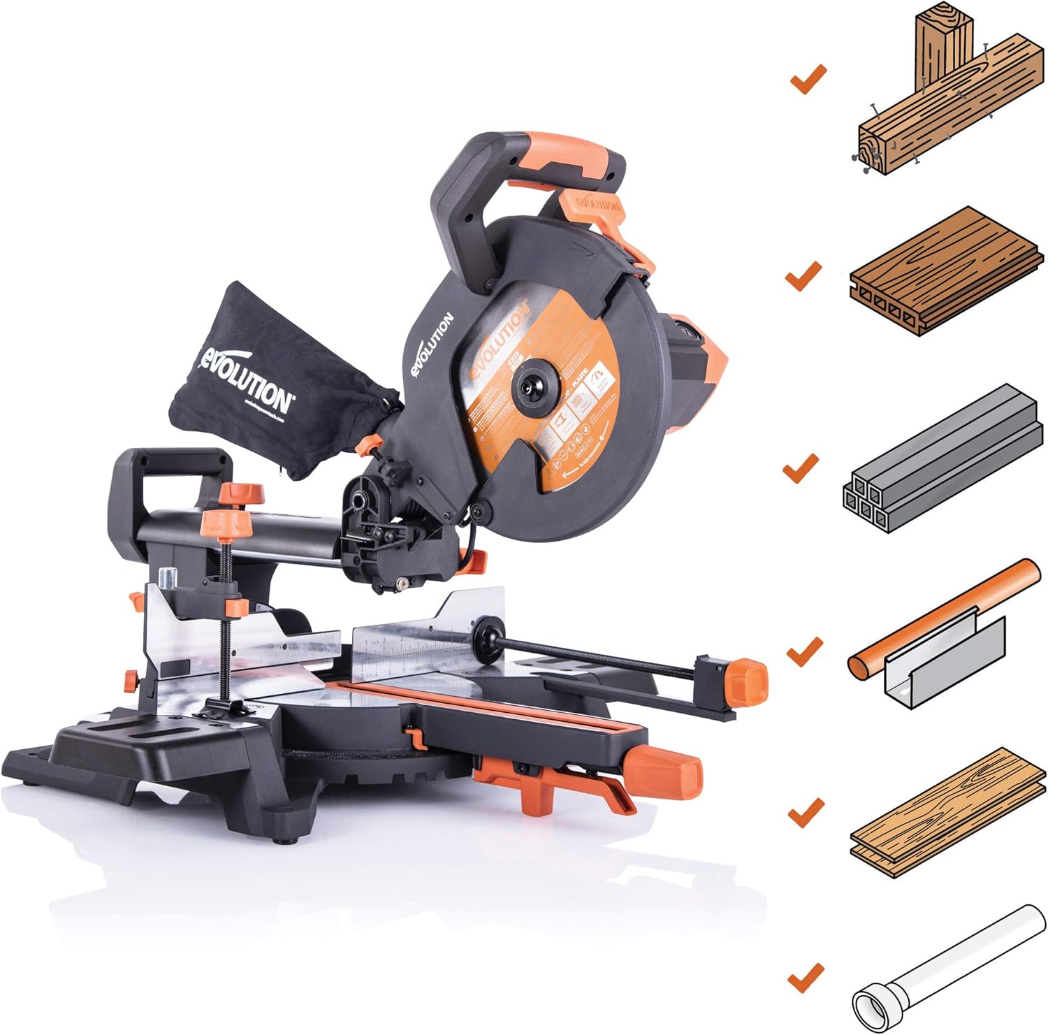 Evolution Power Tools R255SMS+ Troncatrice Radiale Scorrevole Multi-Materiale 255 mm con Pacchetto Plus, 230 V