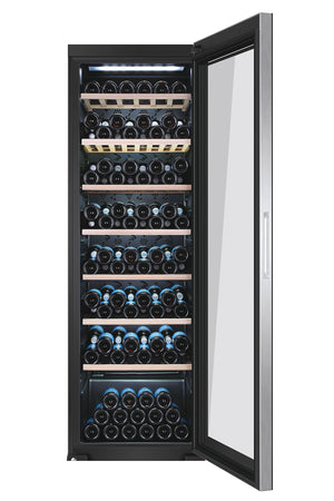 Haier Wine Bank 60 Serie 3 Cantinetta Vino, 171 Bottiglie, 1 Zona, con Vetro Anti-UV e Filtro ai Carboni Attivi, Luci LED, Libera Installazione, Classe G, 59,5 x 63,9 x 185 cm, Nera - WS171GA