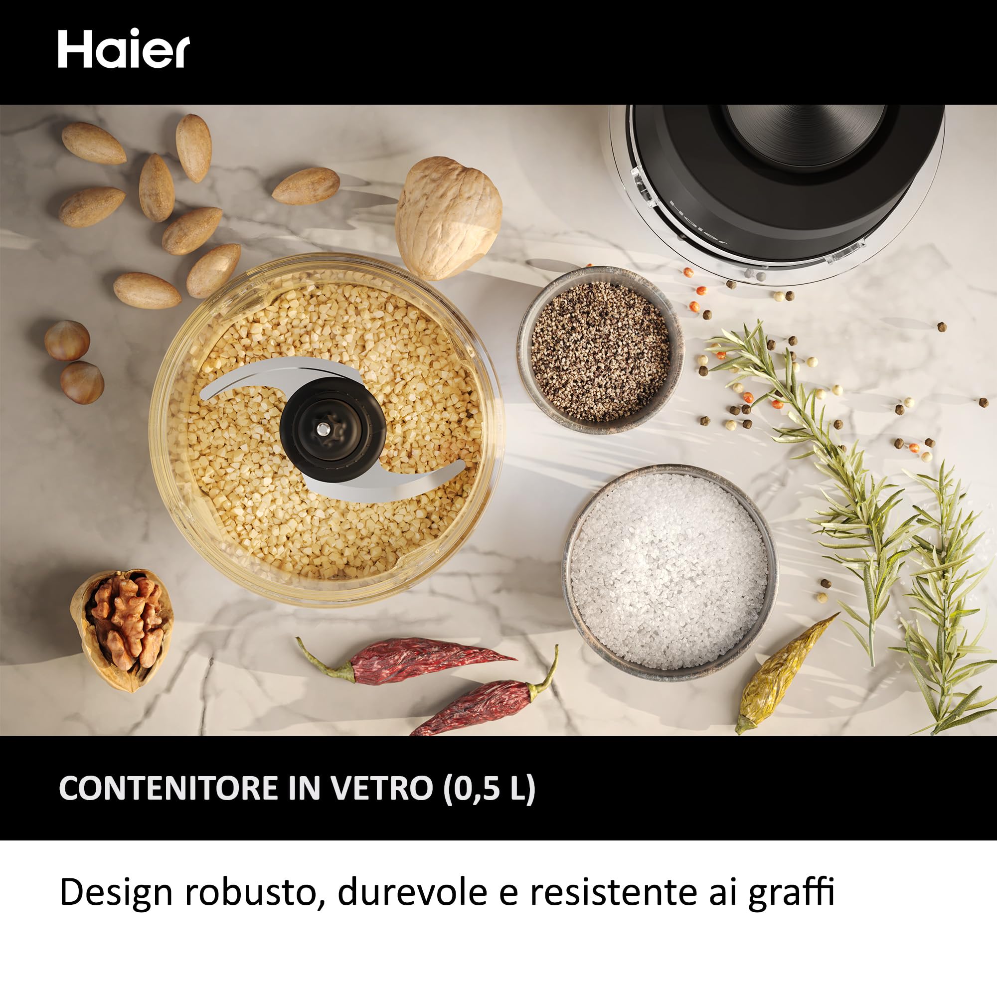 Haier Tritatutto I-Master Series 5, Elettrico 550 W, 2 Velocità, Tritaverdure, Base Antiscivolo, Ciotola in Vetro da 0,5 L, Nero [HCH5B1]
