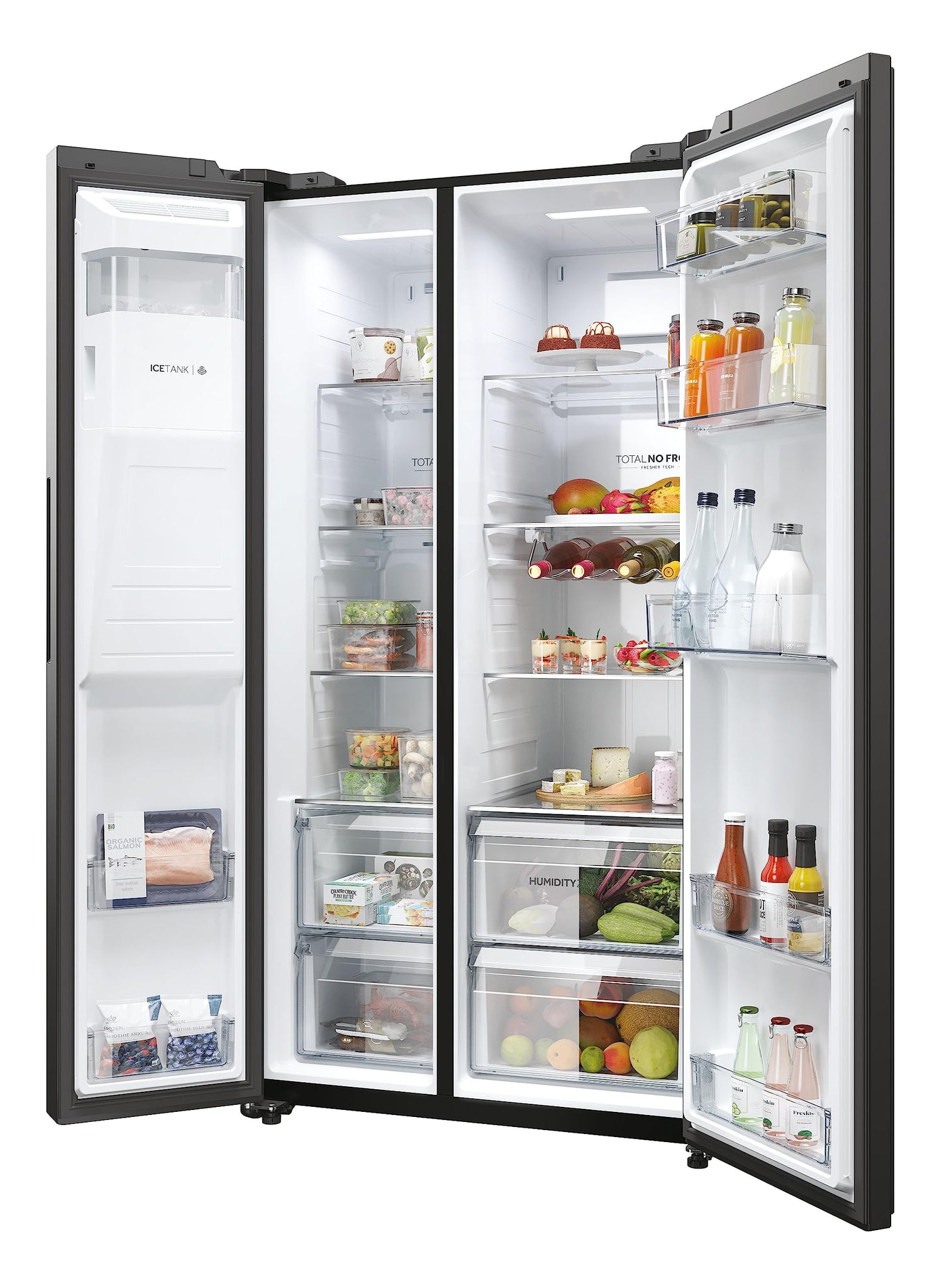Haier Side by Side 90 SERIE 5 Frigorifero Frigorifero/Total No Frost/Smart HON-App/Humidity Zone/XXL Contenuto utile/Silenzioso solo 36 dB (A) / Distributore di acqua e cubetti di ghiaccio / Acciaio inossidabile nero