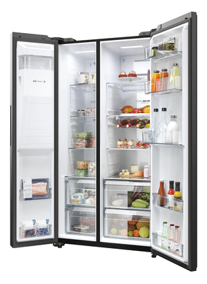 Haier Side by Side 90 SERIE 5 Frigorifero Frigorifero/Total No Frost/Smart HON-App/Humidity Zone/XXL Contenuto utile/Silenzioso solo 36 dB (A) / Distributore di acqua e cubetti di ghiaccio / Acciaio inossidabile nero