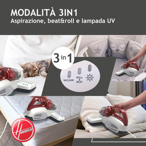 Hoover Ultra Vortex MBC500UV 011 Battimaterasso con Luce UV-C, 500W, 0,3 L, Antiacaro, Antibatterica, Rimuove Allergeni e Polvere, 3 Programmi, Rosso