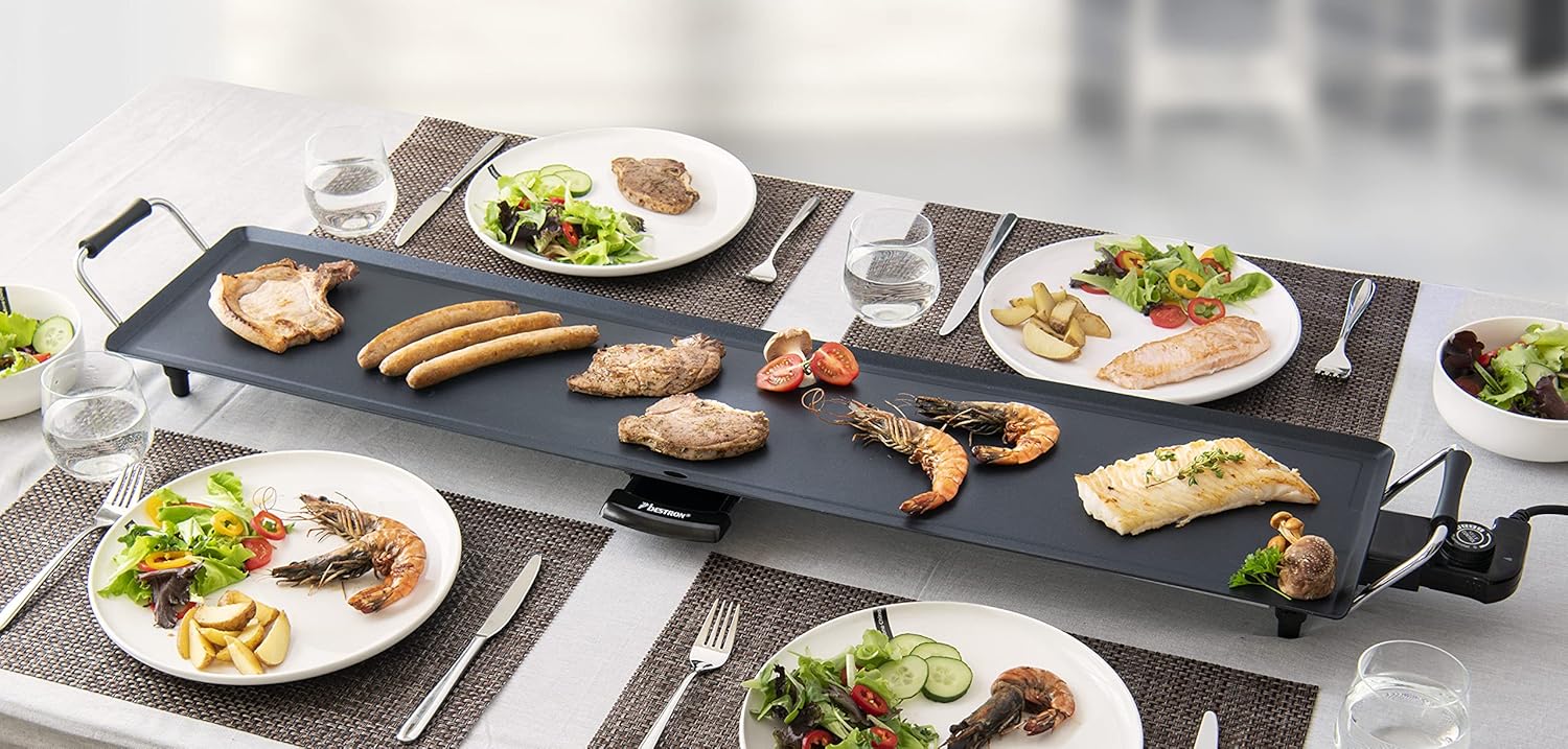 Bestron Piastra elettrica per grigliare, XXXL Plancha piastra con rivestimento antiaderente, divertimento alla griglia per un massimo di 10 persone, superficie di cottura extra-lunga, colore: nero