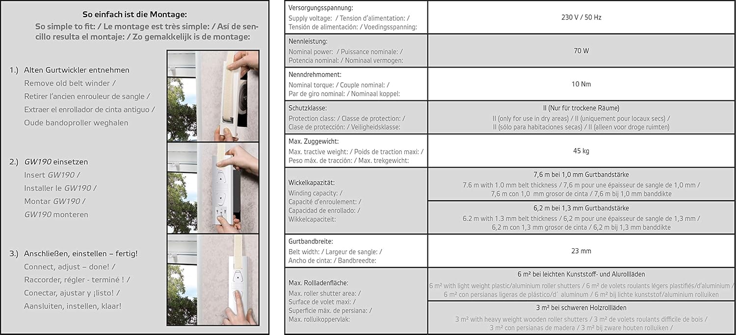 Superrollo GW190 avvolgitore elettrico a incasso per cassetta della cinghia, azionamento per tapparelle fino 45 kg (circa 6 m²), per cinghia da 23 mm