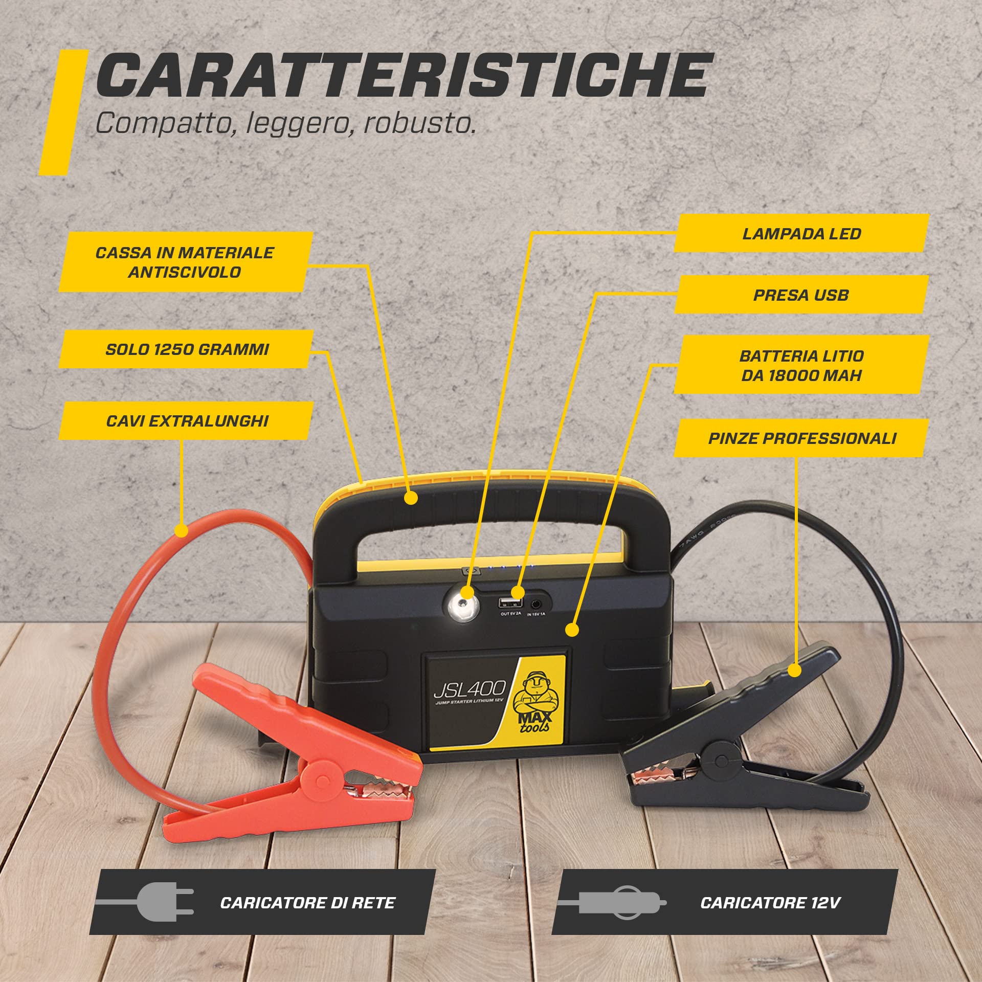 MAXTOOLS JSL400 Avviamento d’Emergenza Professionale per Automobile 2400 A per Veicoli Diesel e a Benzina di Grandi Dimensioni, Potente e Sicuro a 12 V, Batteria al Litio Esterna con USB