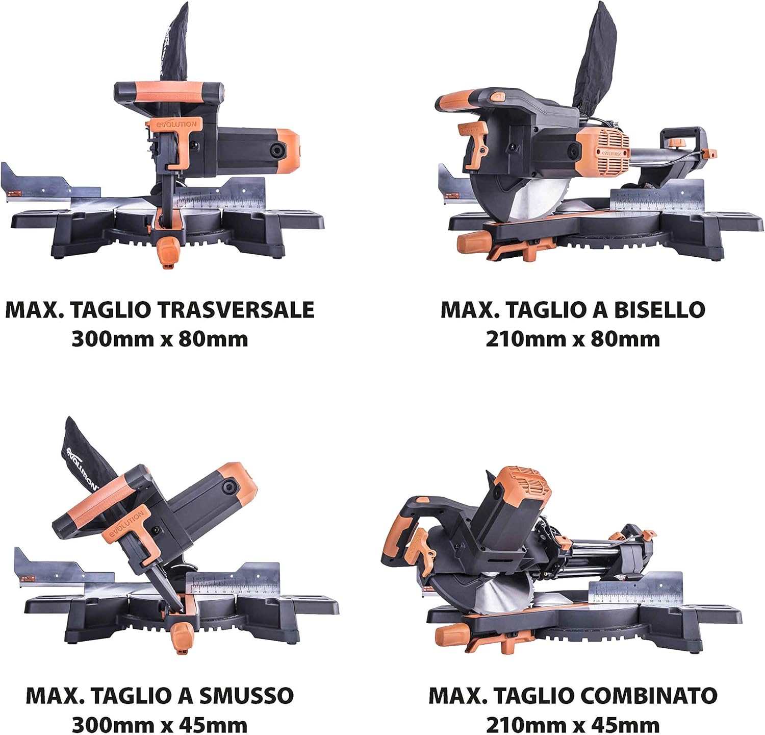 Evolution Power Tools R255SMS+ Troncatrice Radiale Scorrevole Multi-Materiale 255 mm con Pacchetto Plus, 230 V