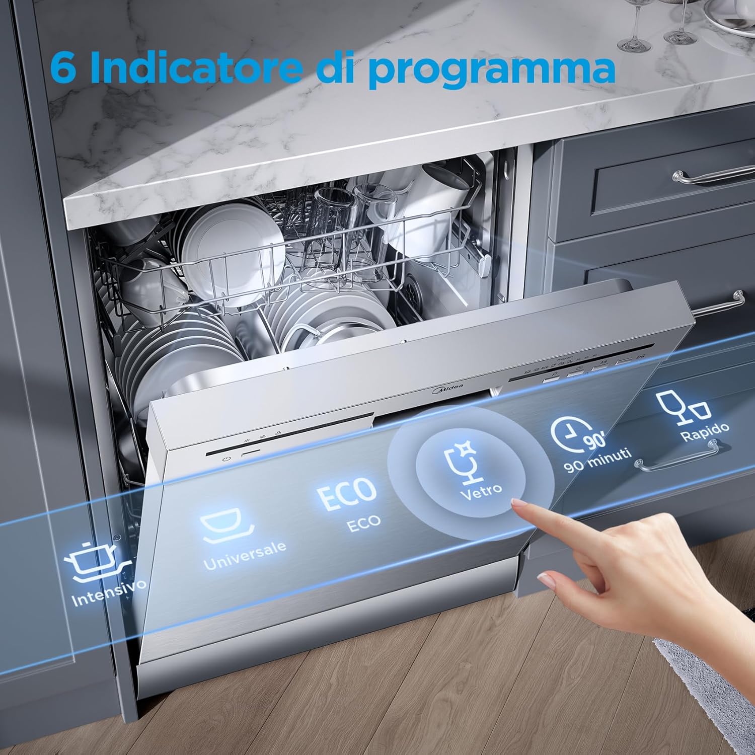 Midea MFD60S121X-IT Lavastoviglie Libera Installazione con 12 coperti, 6 Programmi, Partenza Ritardata, Funzione di Mezzo Carico, 60 cm - Inox