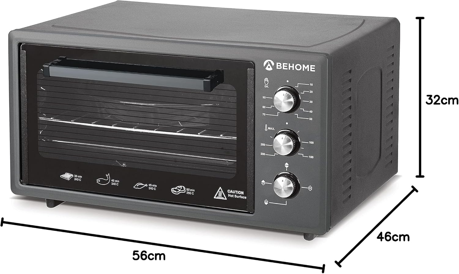 BEHOME Forno Elettrico Ventilato 48 litri con Girarrosto, Autopulente e Smaltato, Temperatura fino a 320° Doppio Vetro con Luce Interna e Timer 2 Teglie e 1 Griglia (Grigio)
