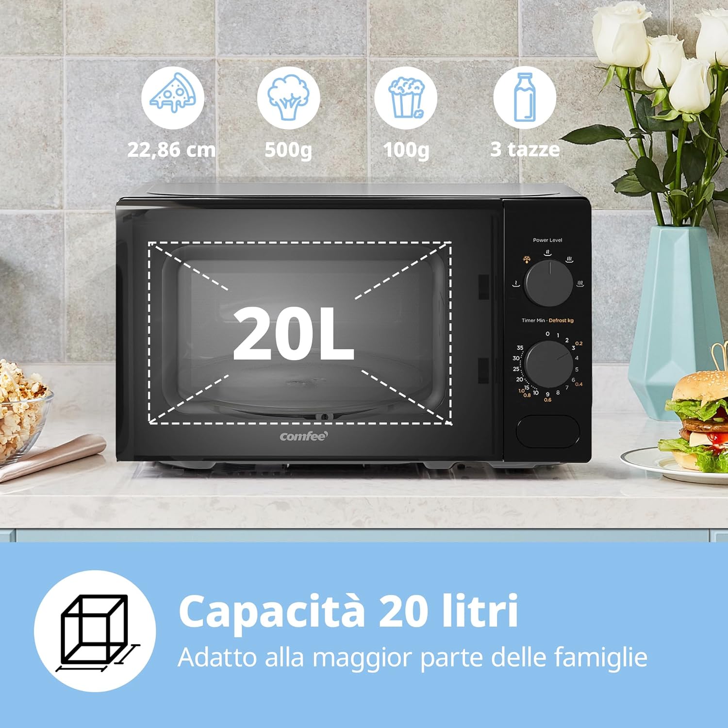 COMFEE' Forno a Microonde Nero, 20 Litri, 700 W, 5 Livelli di Potenza, Funzione di Scongelamento Rapido, Timer Manuale, Design Compatto-CM-M202CC(BK)