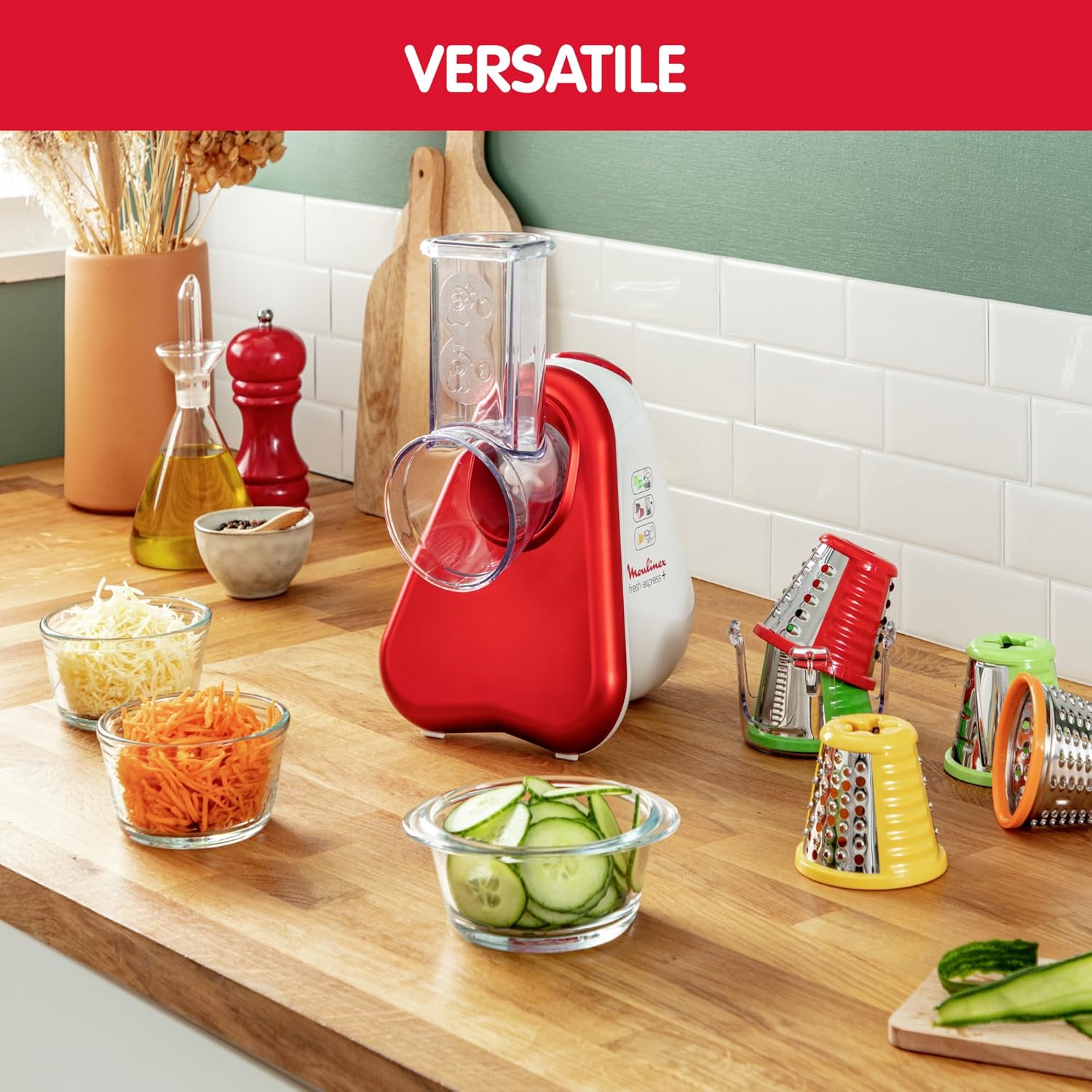 Moulinex DJ755G10 Fresh Express Plus Affettatutto Grattugia Elettrico, 5 Funzioni di Taglio, 200 W, 1 L, 1 Decibel, Plastica, Rosso