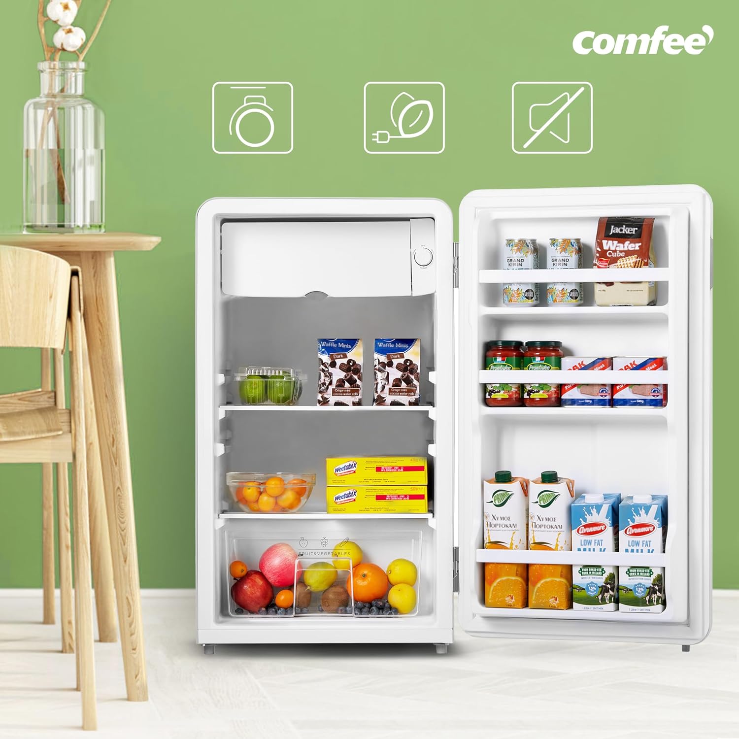 COMFEE' RCD93WH2RT(E) Frigorifero piccolo 93 L, Design retrò, Mini frigo mona porta, Controllo della temperatura, Adatto a casa, ufficio e hotel, Bianco