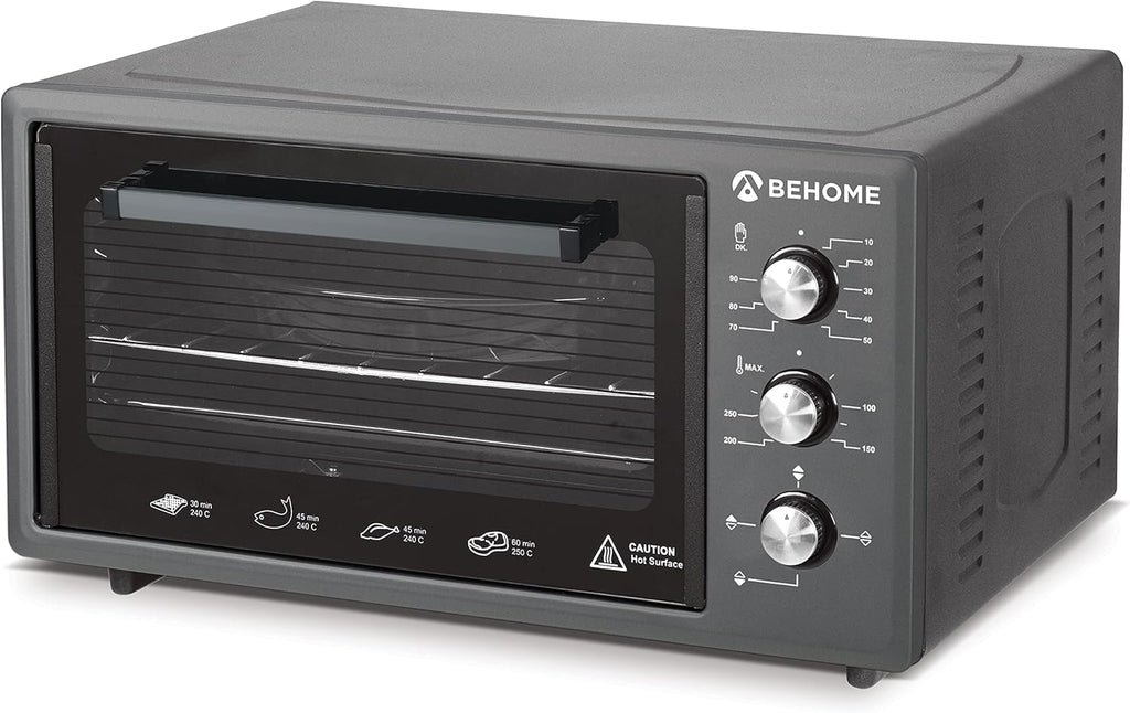 BEHOME Forno Elettrico Ventilato 48 litri con Girarrosto, Autopulente e Smaltato, Temperatura fino a 320° Doppio Vetro con Luce Interna e Timer 2 Teglie e 1 Griglia (Grigio)